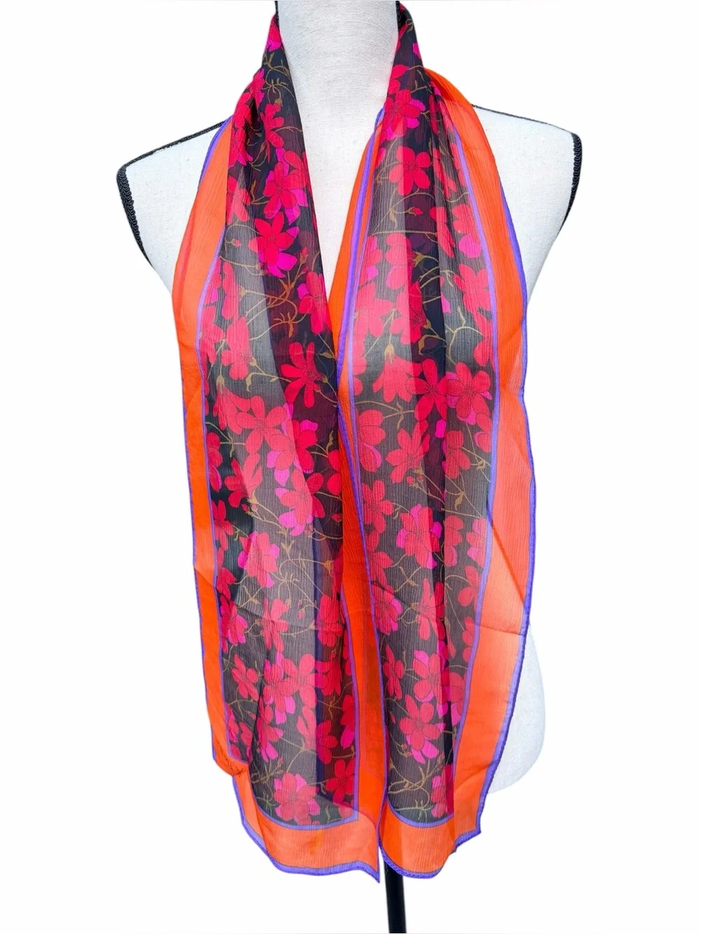 Kenzo Paris Silk Chiffon Floral Scarf Orange Pink Black Hand Rolled Hem